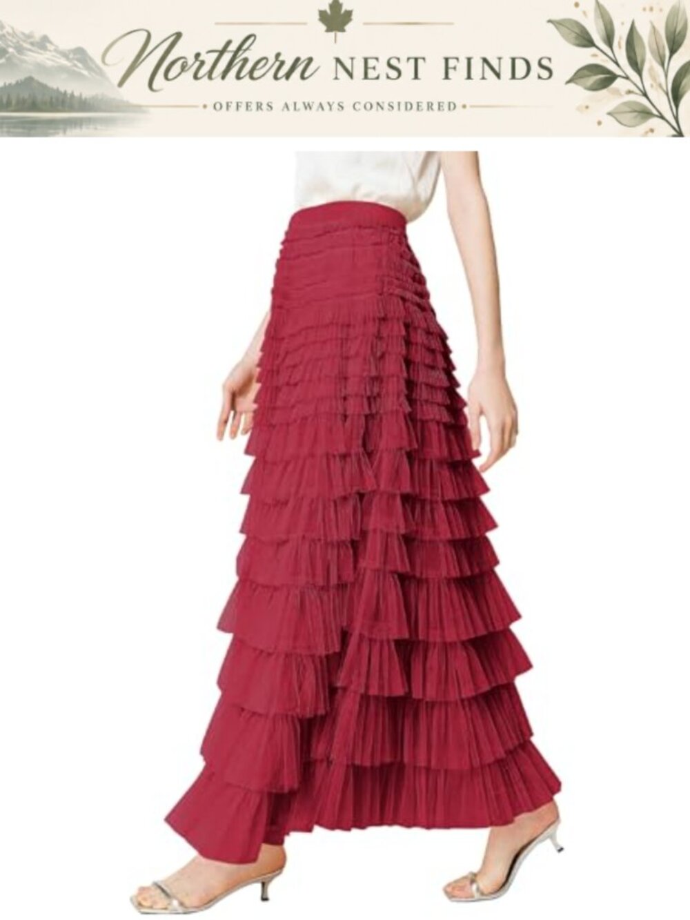 Tulle Midi Skirt High Waist A-Line Ruffle Layers Flowy Party Wedding